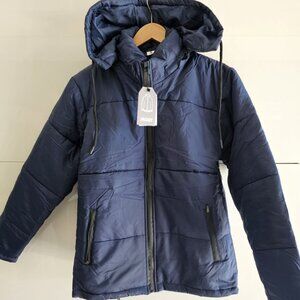 New Navy Blue Bomber Jacket with Removable Hood